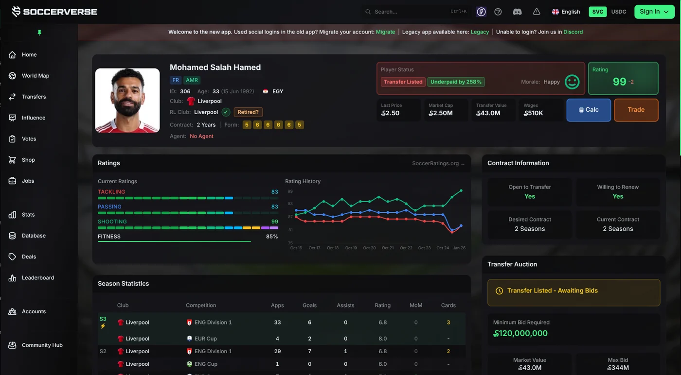 Soccerverse player profile in a desktop browser